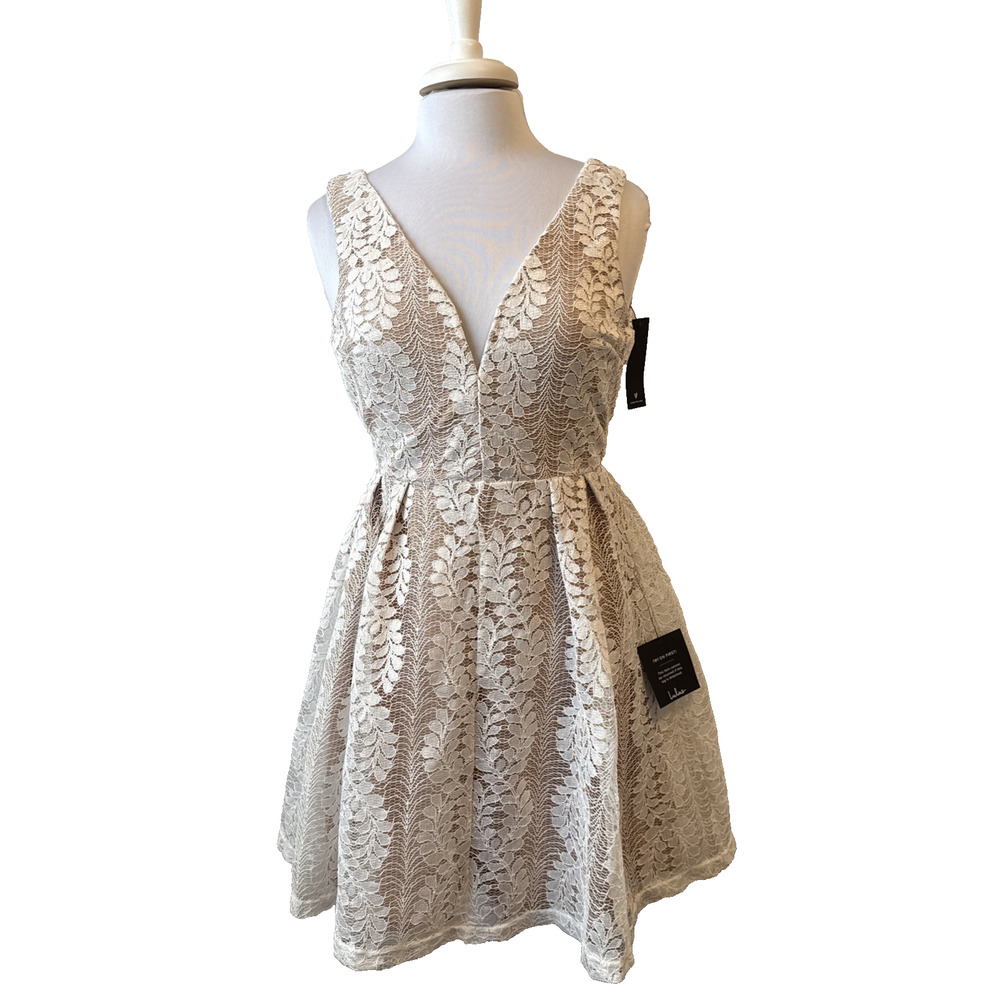 Lulus NWT Womens S Sexy Sheer Lace Nude Plunge A-Line Mini Dress Romantic Skater